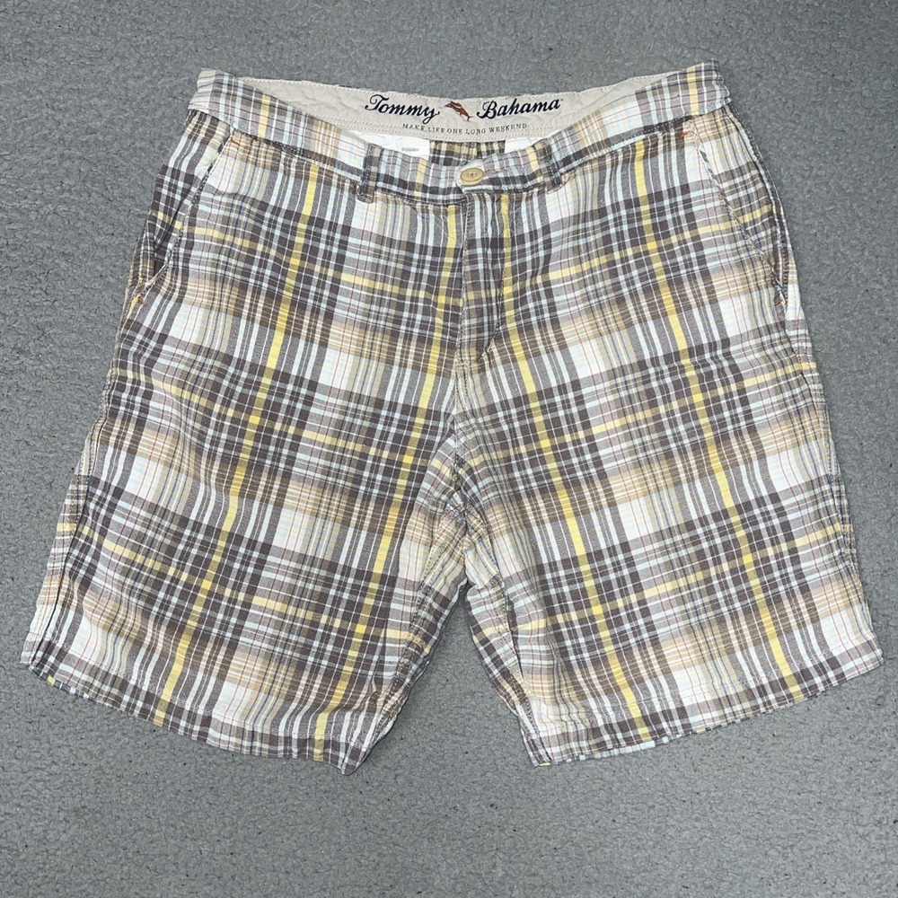 Tommy Bahama Beach‎ Shorts Men's Sz 32 x 8 Yellow Plaid Linen Blend Relaxed Fit